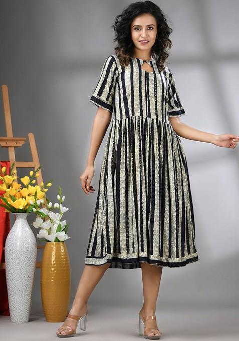 Black Embellished Rayon Midi Ethnic Dress