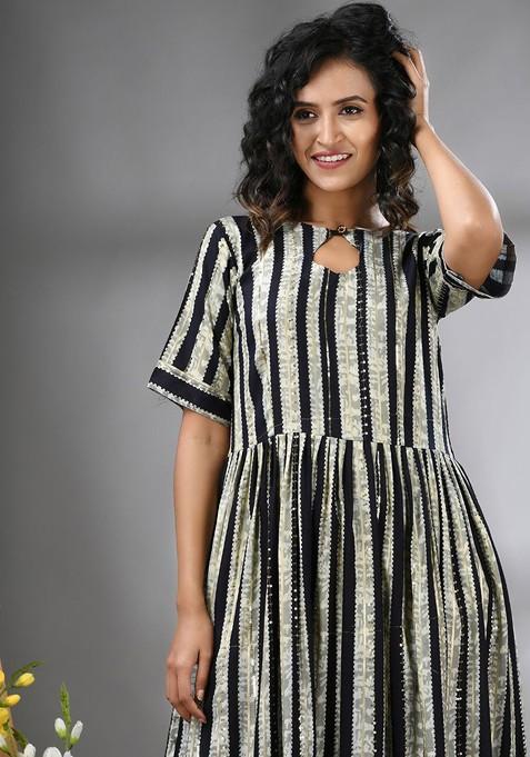 Black Embellished Rayon Midi Ethnic Dress