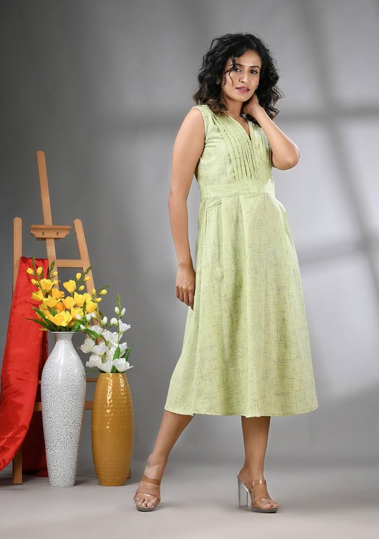 Green Abstract Print Cotton Ethnic Dress