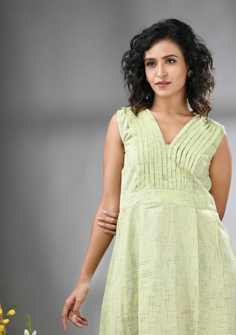 Green Abstract Print Cotton Ethnic Dress