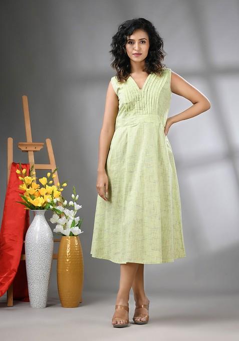 Green Abstract Print Cotton Ethnic Dress