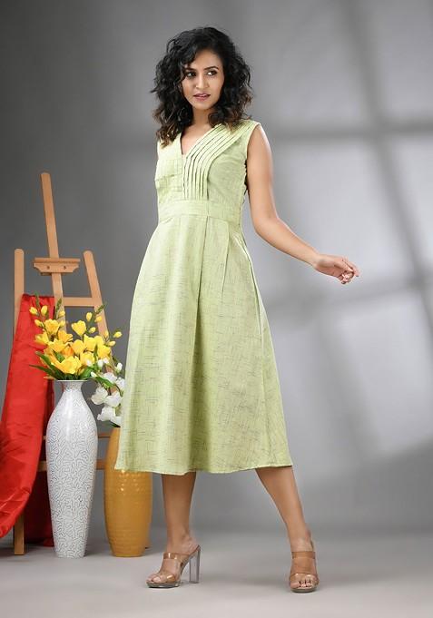 Green Abstract Print Cotton Ethnic Dress