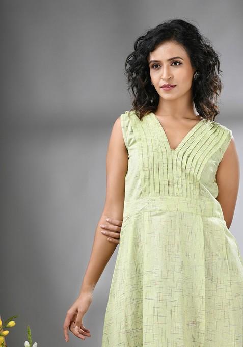 Green Abstract Print Cotton Ethnic Dress