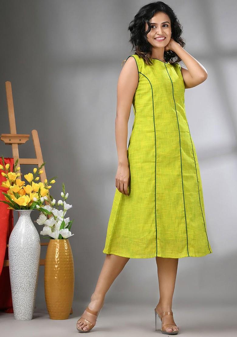 Lime Green Ethnic Motifs Cotton Midi Ethnic Dress