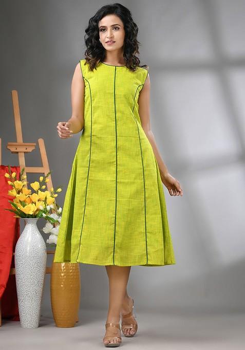 Lime Green Ethnic Motifs Cotton Midi Ethnic Dress