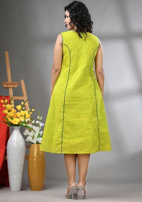 Lime Green Ethnic Motifs Cotton Midi Ethnic Dress