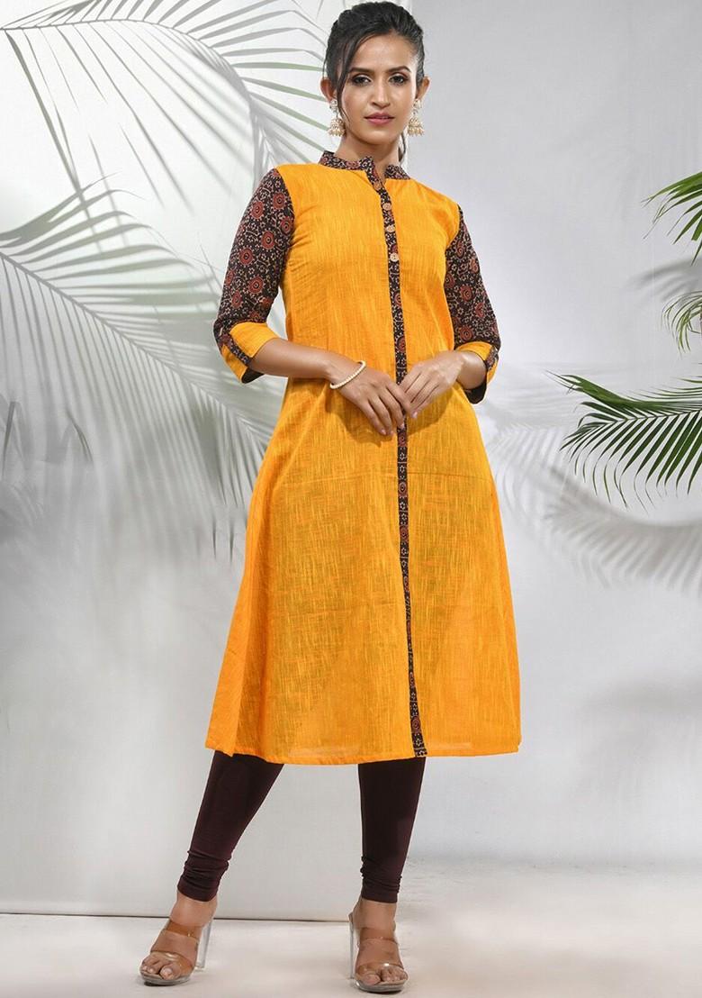Yellow Solid Cotton A- Line Kurta