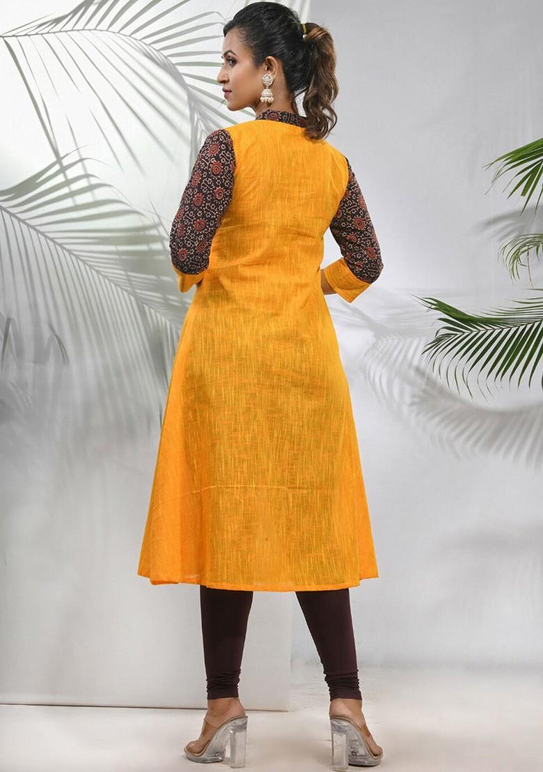 Yellow Solid Cotton A- Line Kurta