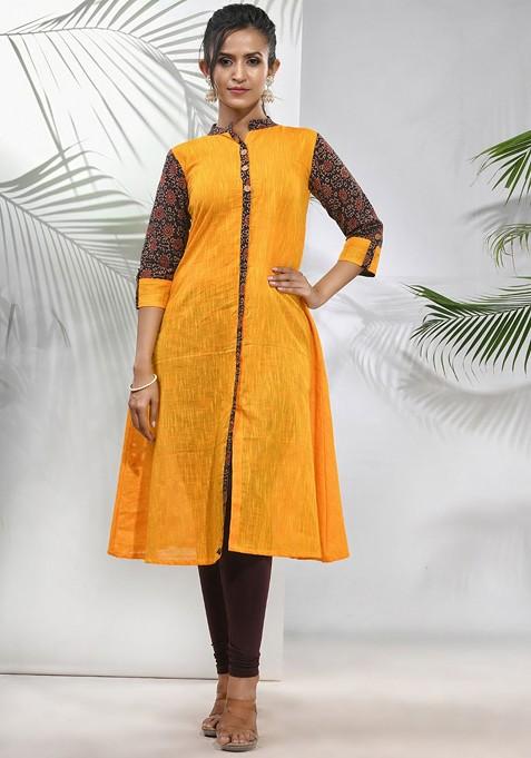 Yellow Solid Cotton A- Line Kurta