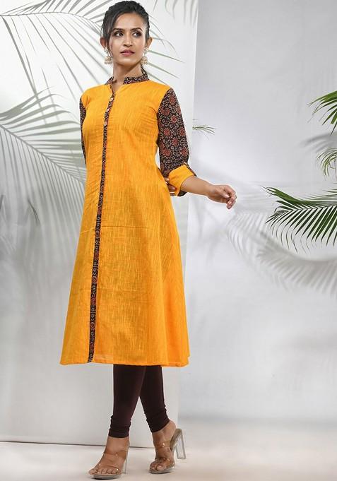 Yellow Solid Cotton A- Line Kurta