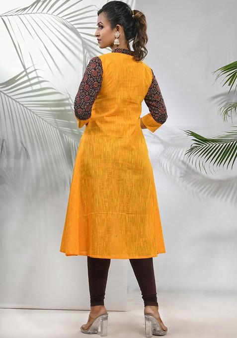 Yellow Solid Cotton A- Line Kurta