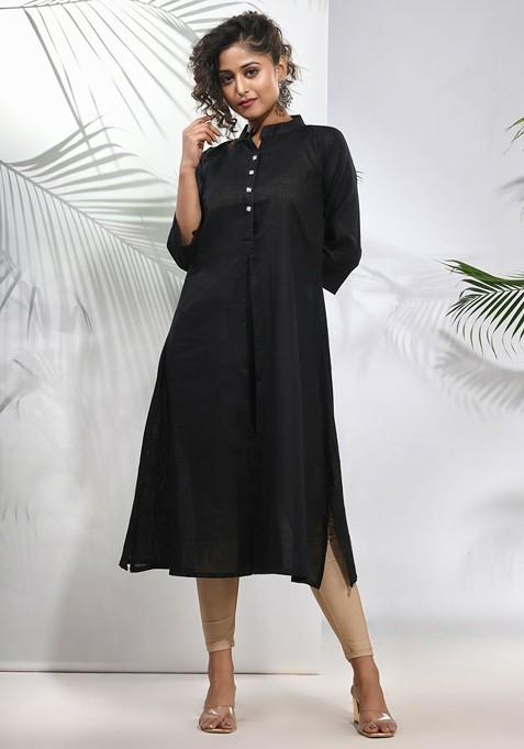 Black Solid Cotton A- Line Kurta