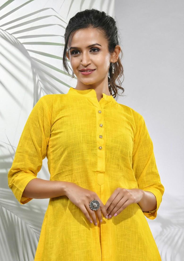 Yellow Solid Cotton A- Line Kurta