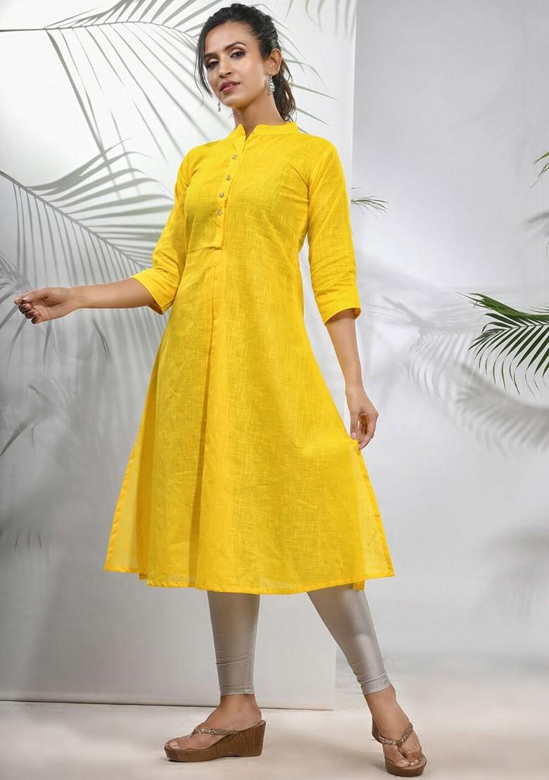 Yellow Solid Cotton A- Line Kurta