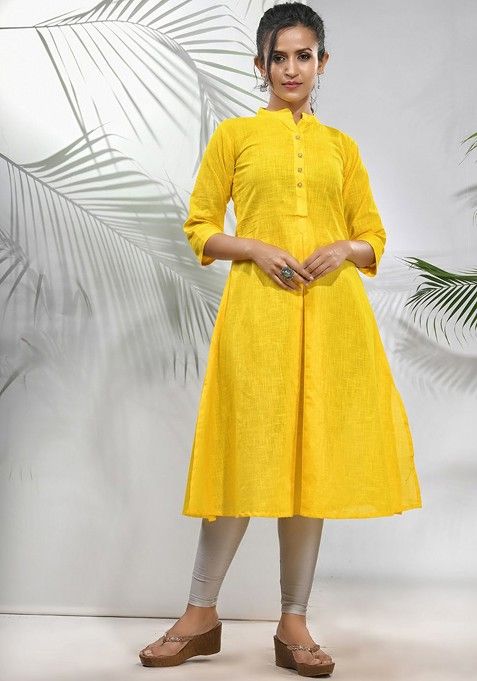 Yellow Solid Cotton A- Line Kurta