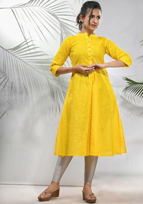 Yellow Solid Cotton A- Line Kurta