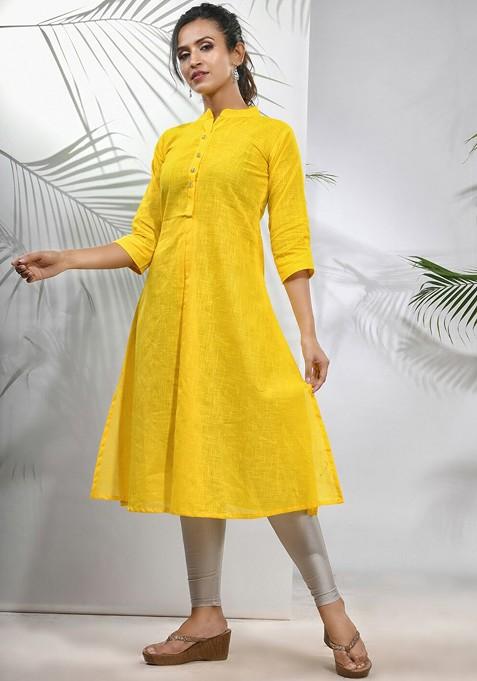 Yellow Solid Cotton A- Line Kurta