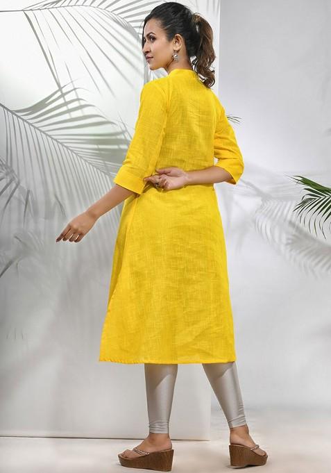 Yellow Solid Cotton A- Line Kurta