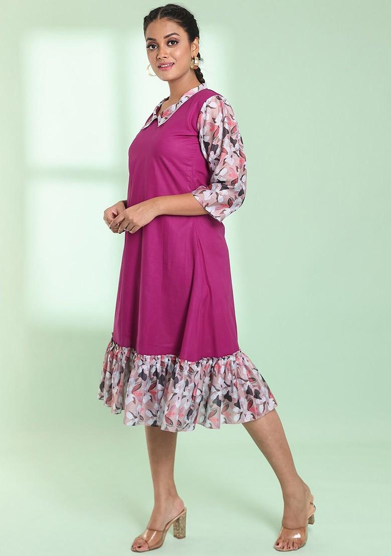 Purple Solid Cotton Midi Dress