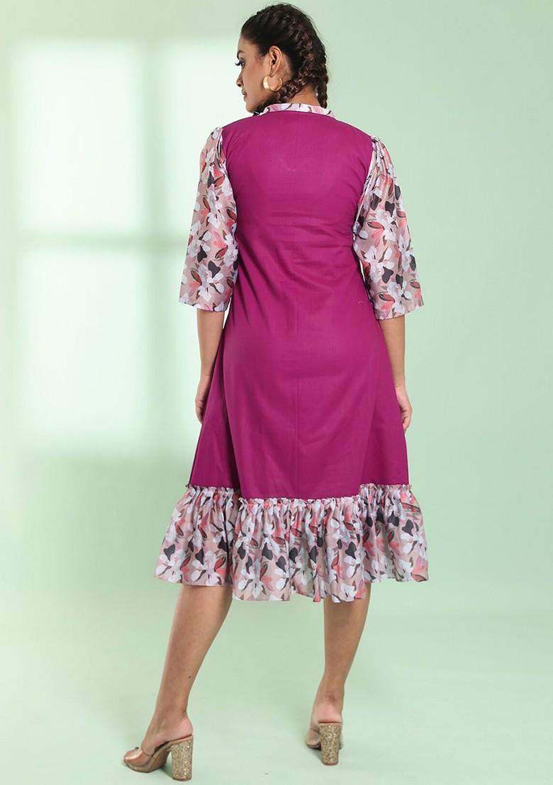 Purple Solid Cotton Midi Dress