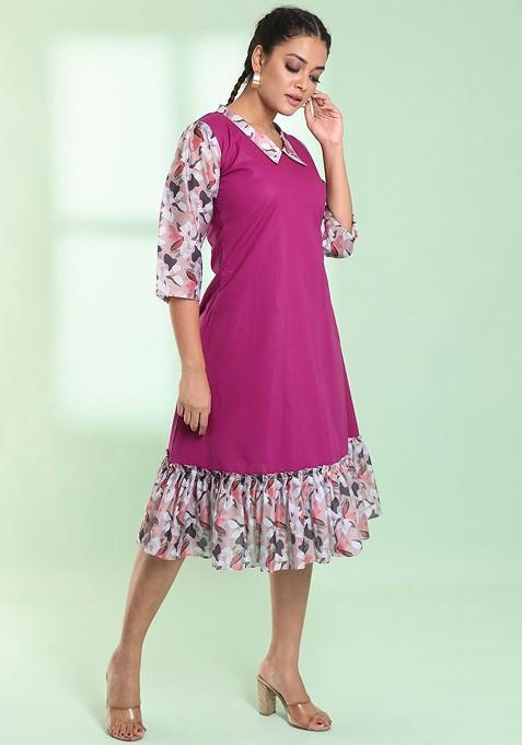 Purple Solid Cotton Midi Dress