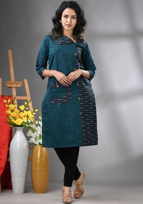 Teal Blue Printed Cotton Kurta