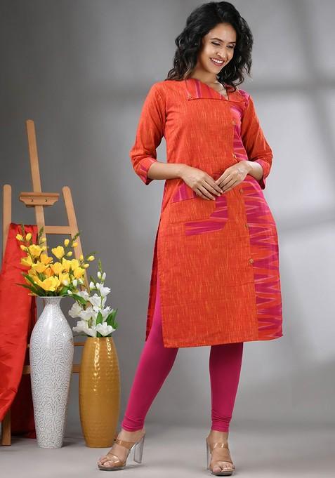 Orange Floral Print Cotton Kurta