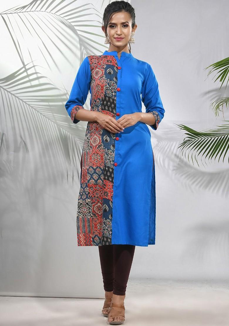 Blue Floral Print Cotton A- Line Kurta
