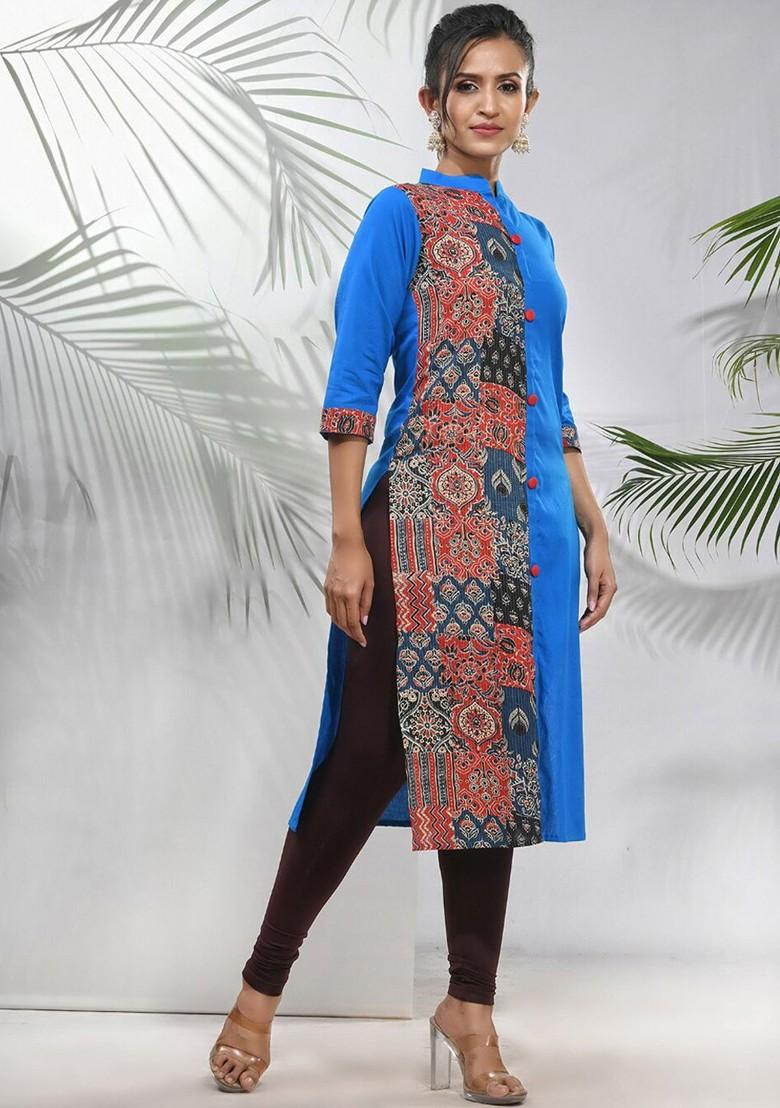 Blue Floral Print Cotton A- Line Kurta