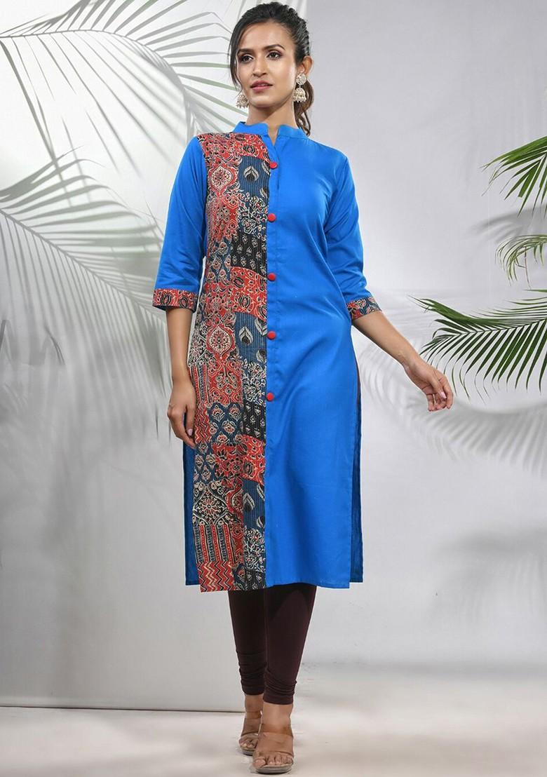Blue Floral Print Cotton A- Line Kurta
