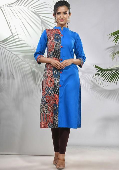 Blue Floral Print Cotton A- Line Kurta