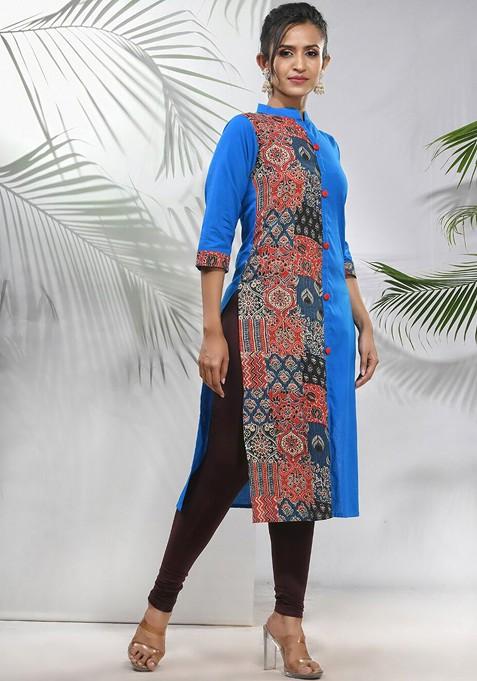 Blue Floral Print Cotton A- Line Kurta