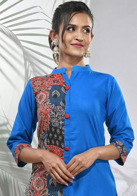 Blue Floral Print Cotton A- Line Kurta