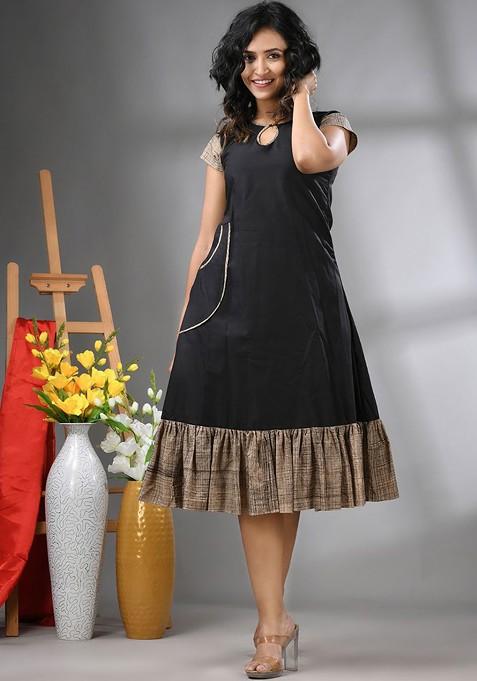 Black Ethnic Motifs Cotton Midi Ethnic Dress