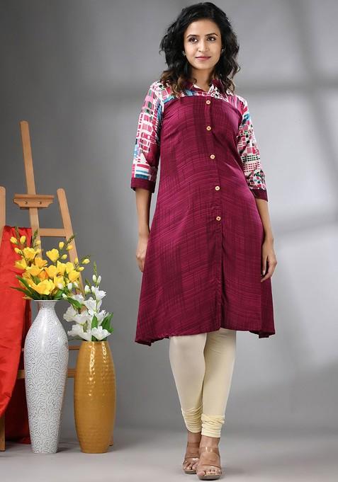 Magenta Floral Print Rayon Kurta