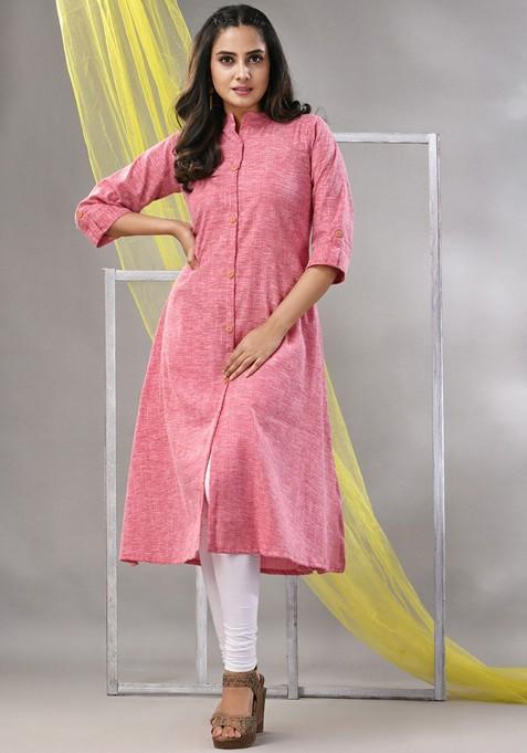 Pink Solid Cotton A- Line Kurta