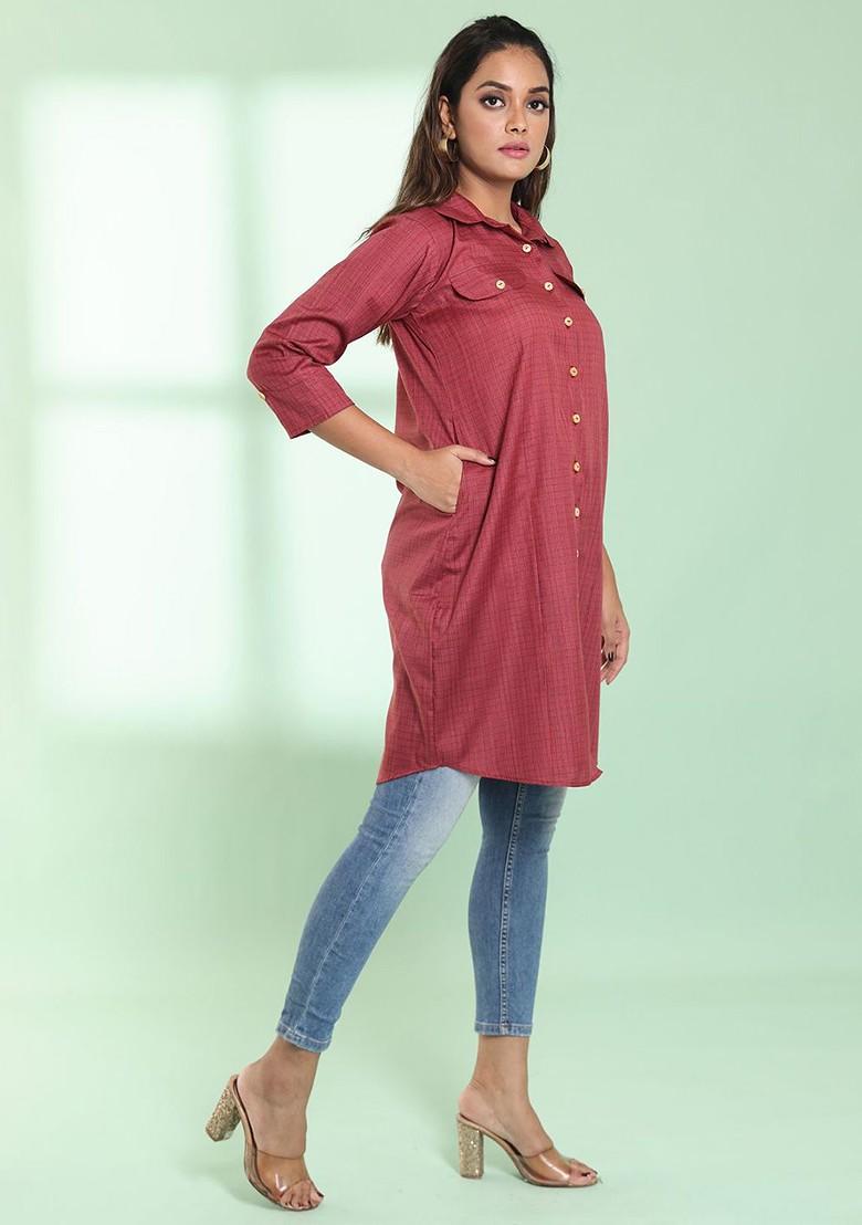 Red Printed Cotton Blend Pathani Kurta