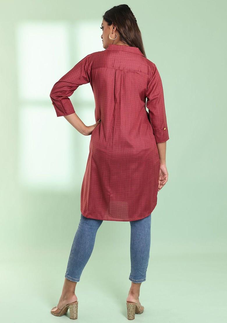Red Printed Cotton Blend Pathani Kurta