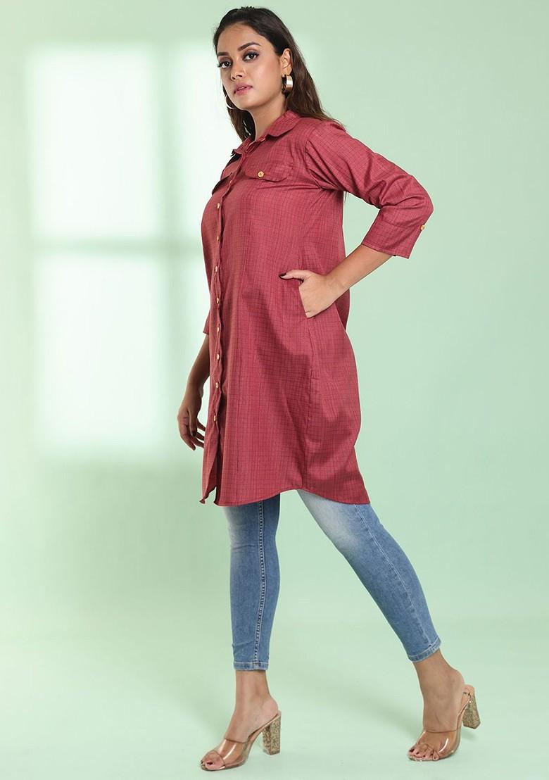 Red Printed Cotton Blend Pathani Kurta