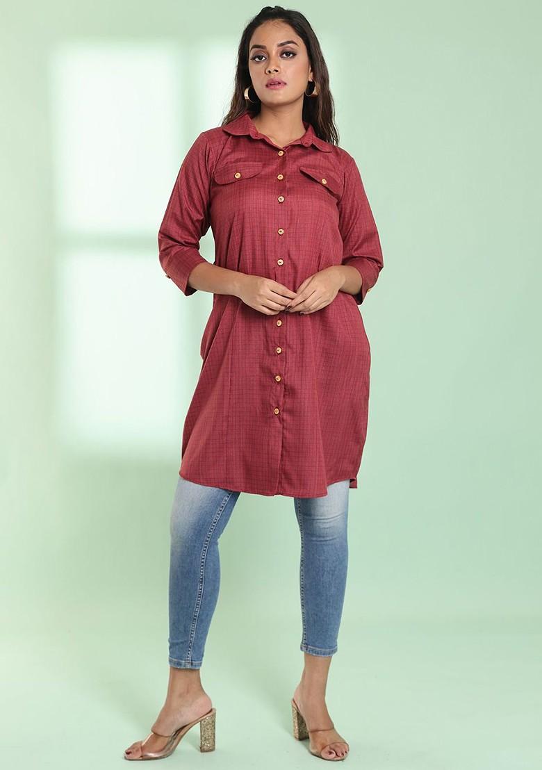 Red Solid Cotton Kurta - Indya