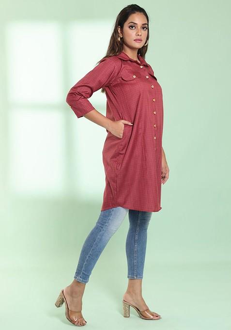 Red Printed Cotton Blend Pathani Kurta