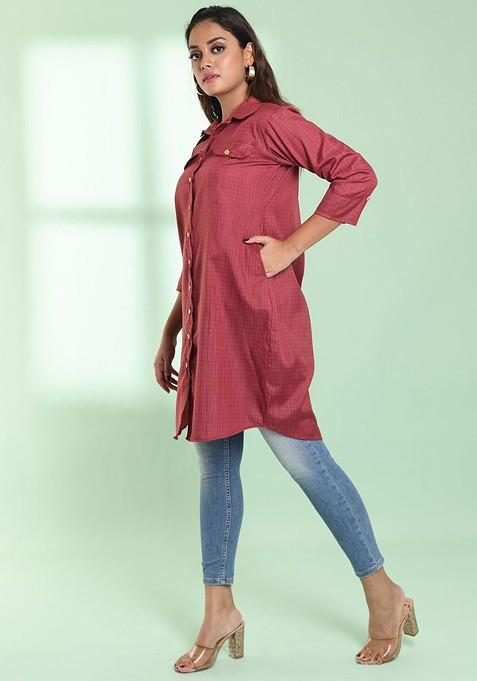 Red Printed Cotton Blend Pathani Kurta