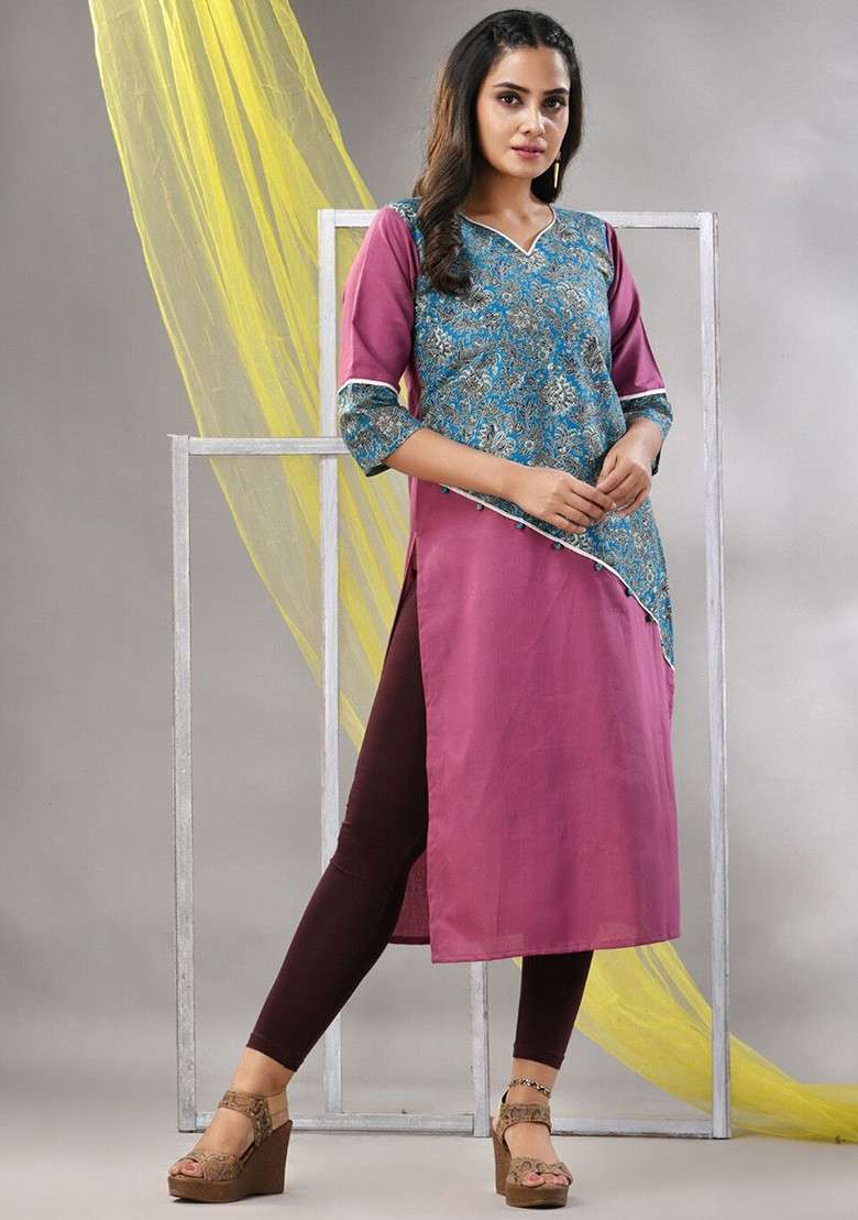 Mauve Printed Cotton Kurta - Indya