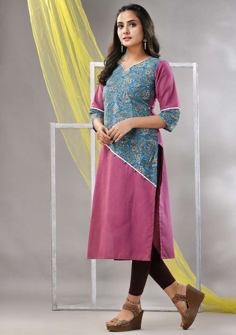 Mauve Printed Cotton Kurta - Indya
