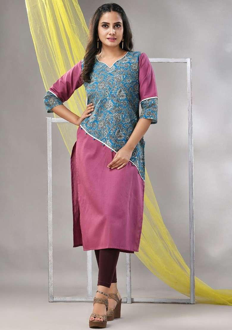 Mauve Printed Cotton Kurta - Indya