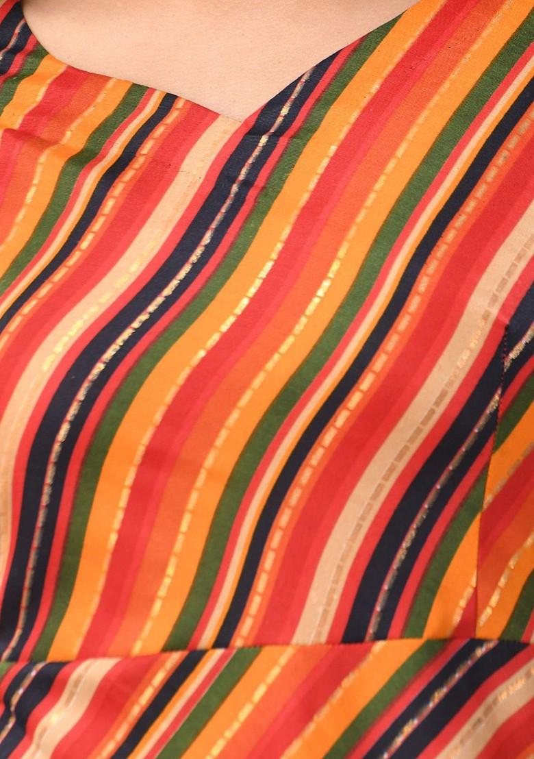 Orange Striped Print Cotton Blend Midi Ethnic Dress