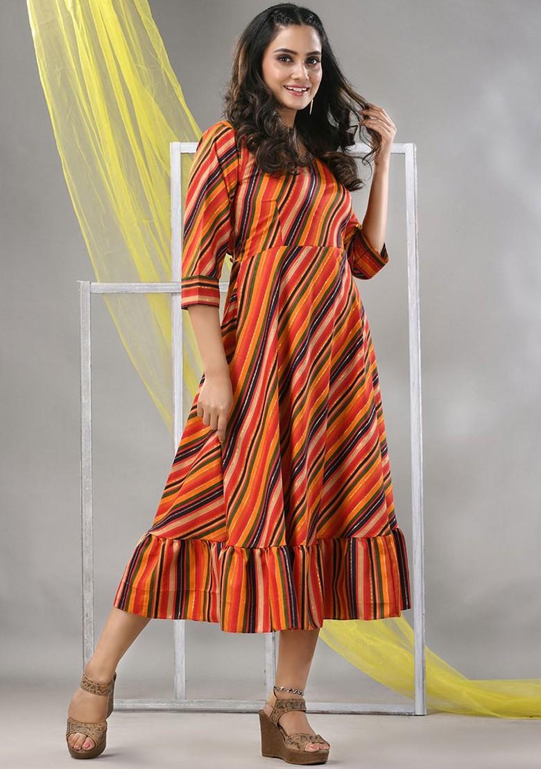 Orange Striped Print Cotton Blend Midi Ethnic Dress