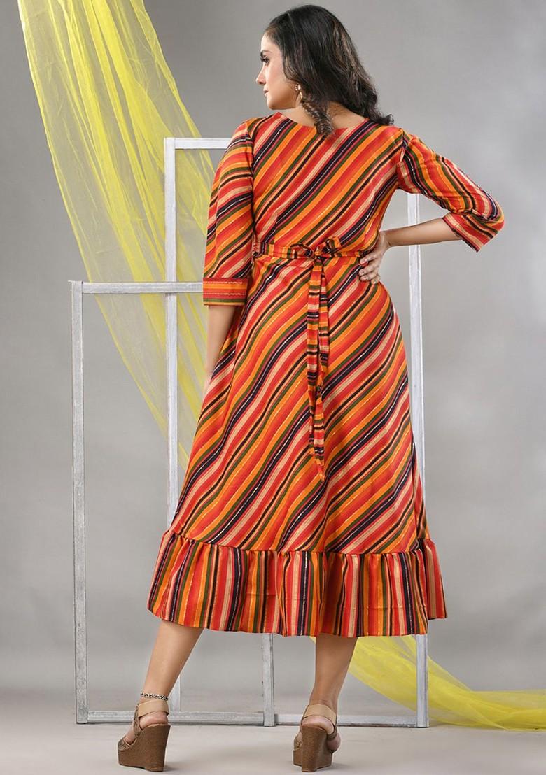 Orange Striped Print Cotton Blend Midi Ethnic Dress