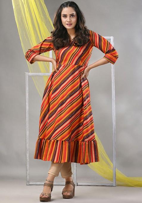 Orange Striped Print Cotton Blend Midi Ethnic Dress