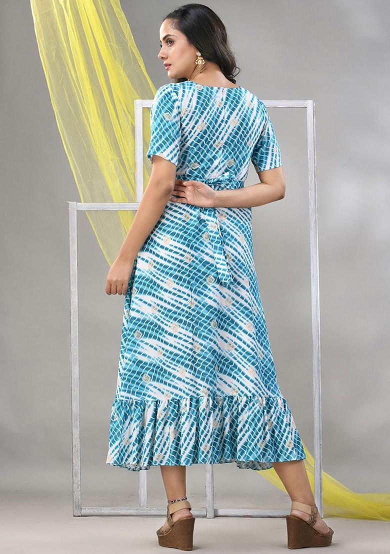 White Printed Rayon Midi Ethnic Dress